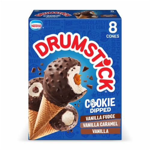 Drumstick Cookie Dipped Vanilla Fudge/Vanilla Caramel/Vanilla Frozen Dairy Dessert Cones Perspective: back