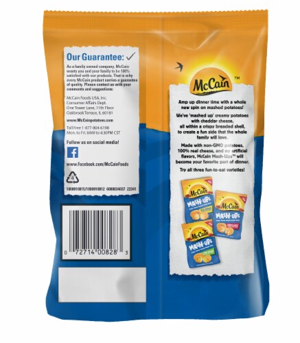 McCain Mash-Ups, Cheddar & Bacon Mashed Potato Bites, Frozen Potatoes Perspective: back