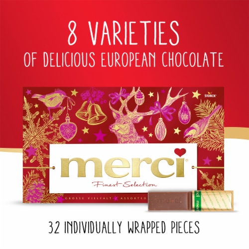 Merci Finest Assortment of European Chocolates Holiday Gift Box Perspective: back