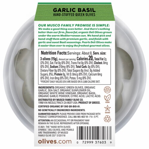 Pearls® Deli Olives® Organic Garlic Basil Stuffed Olives Perspective: back