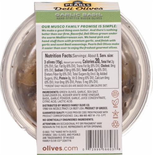 Pearls® Deli Olives™ Garlic Stuffed Olives with Basil & Minced Garlic Perspective: back
