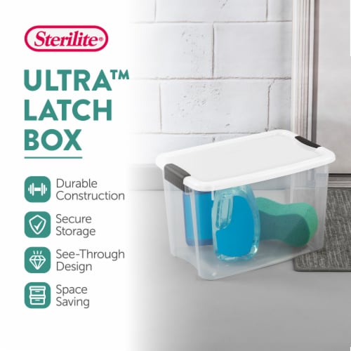 Sterilite 30 Qt Clear Plastic Stackable Storage Bin w/ Latch Lid, White (6 Pack) Perspective: back