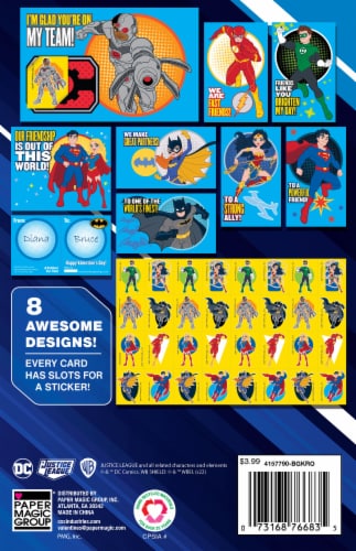 Paper Magic DC Justice League™ Valentines with Stickers & Heart Seals Perspective: back