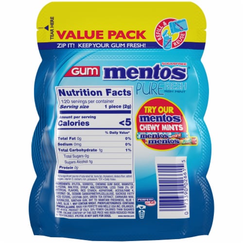 Mentos Pure Fresh Sugar Free Fresh Mint Flavored Chewing Gum Perspective: back