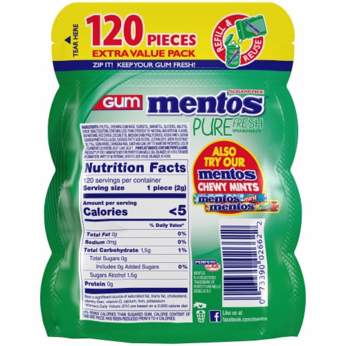 Mentos Pure Fresh Sugar-Free Spearmint Flavored Chewing Gum Perspective: back