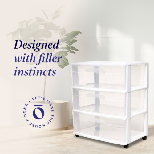Homz Plastic 3 Clear Drawer Small Rolling Storage Container Tower, White Frame Perspective: back