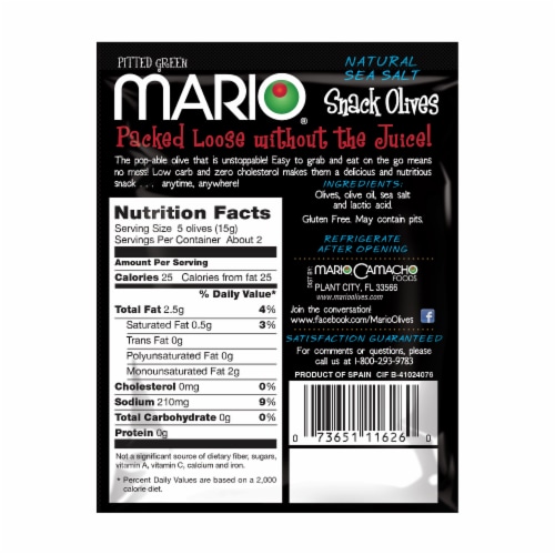 Mario® Natural Sea Salt Pitted Green Snack Olives