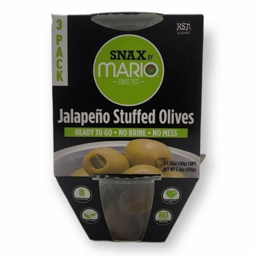 Mario 50g Jammin' Jalapeño Stuffed Green Olive Snack Cups (18 per case) Perspective: back