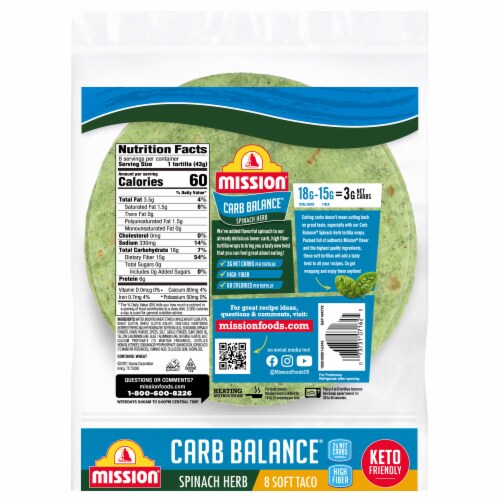 Mission® Carb Balance® Low Carb Spinach Herb Tortilla Wraps, 8 ct / 12 oz