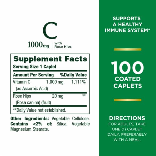 Nature’s Bounty Vitamin C + Rose Hips, 1000mg Immune Support Coated Caplets Perspective: back