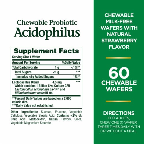 Nature’s Bounty Chewable Probiotic Acidophilus Waffers with 1 Billion Live Cultures Perspective: back