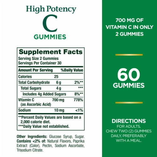 Nature's Bounty High Potency Vitamin C Gummies for Immune Support, 700 Mg, Orange Flavored Gummies Perspective: back