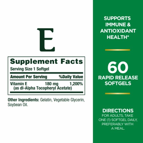 Nature's Bounty Vitamin E Pure dl-Alpha Supports Antioxidant Health Softgels, 180mg Perspective: back