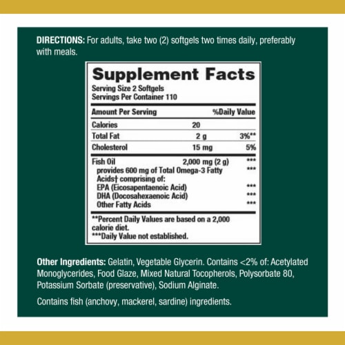 Nature’s Bounty Omega-3 Fish Oil 1,000 mg Heart Health Support Odorless Softgels Perspective: back