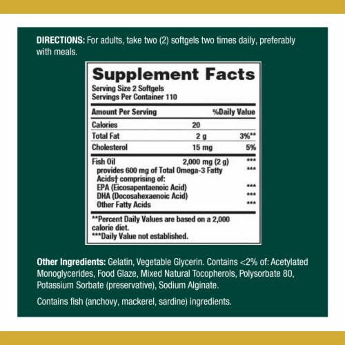 Nature’s Bounty Omega-3 Fish Oil 1,000 mg Heart Health Support Odorless Softgels Perspective: back