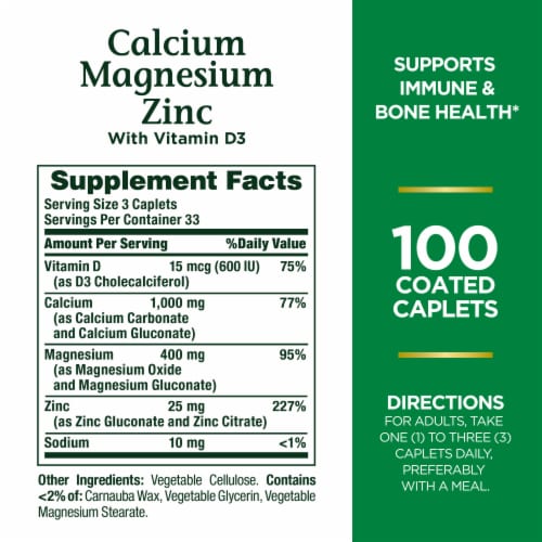 Nature's Bounty Calcium Magnesium Zinc Caplets Perspective: back