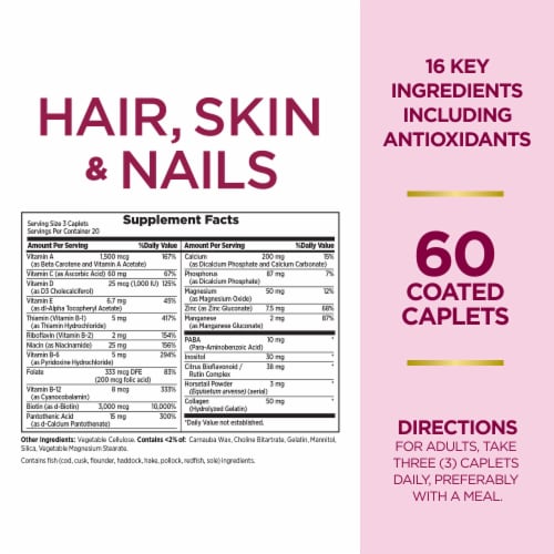 Nature's Bounty Hair Skin & Nails with Biotin Caplets 3000mcg Perspective: back