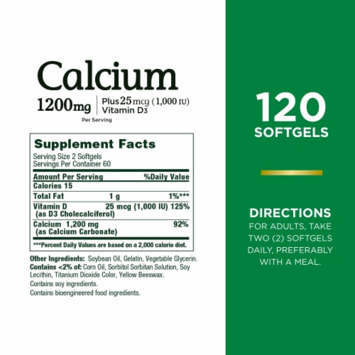 Nature's Bounty Calcium + Vitamin D3 Bone Health & Immune Support Softgels, 1200 Mg Perspective: back