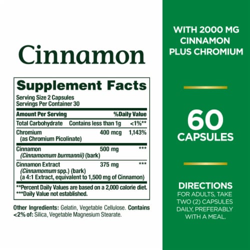 Nature’s Bounty Cinnamon + Chromium Sugar Metabolism Support Capsules, 2000mg Perspective: back