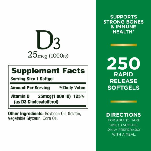 Nature’s Bounty Vitamin D3 1000 IU Bone Support Rapid Release Softgels Perspective: back
