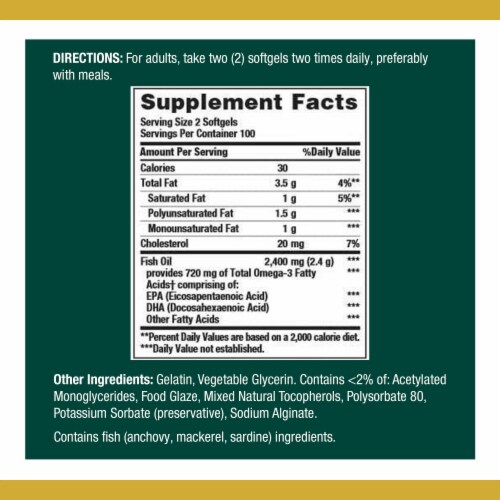 Nature's Bounty Odor-less Fish Oil Softgels with Omega 3 Fatty Acids for Heart Health, 1200 mg Perspective: back