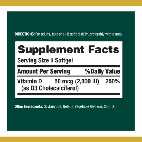 Nature's Bounty Vitamin D3, Immune and Bone Health Support, 50 mcg, Softgels Perspective: back