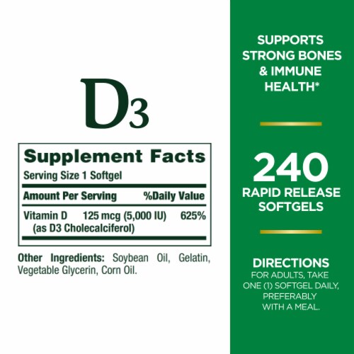 Nature’s Bounty Vitamin D3 125 mcg Immune Support Softgels Perspective: back