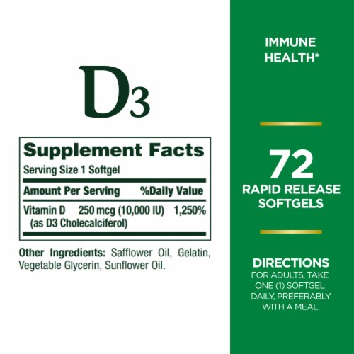 Nature's Bounty Vitamin D3 Immune Support Softgels, 250 mcg Perspective: back