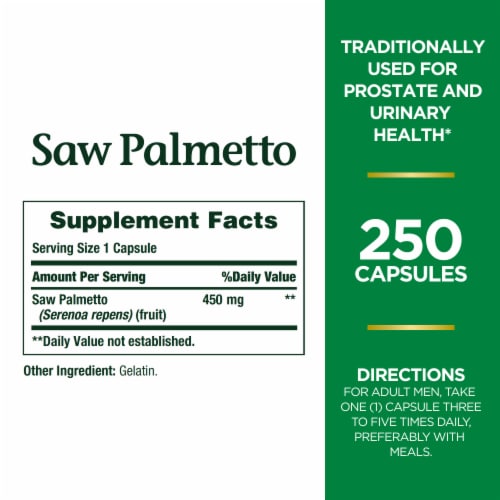 Nature's Bounty Saw Palmetto 450mg Herbal Health Supplement Capsules Perspective: back