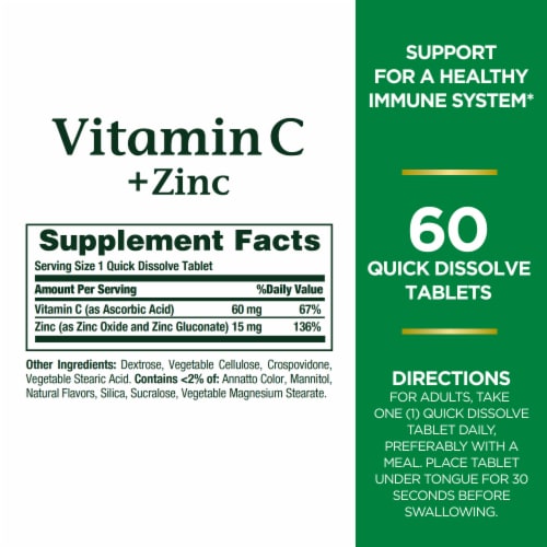 Nature's Bounty Vitamin C Plus Zinc Immune Support Quick Dissolve Tablets Perspective: back