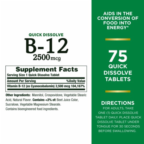 Nature’s Bounty Vitamin B12 25000 mcg Quick Dissolve Tablets Perspective: back