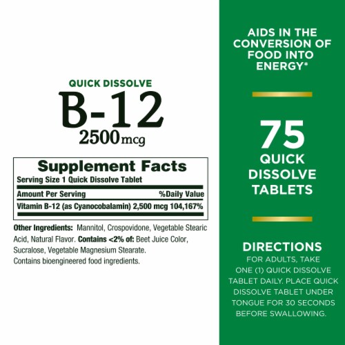 Nature’s Bounty Vitamin B12 25000 mcg Quick Dissolve Tablets Perspective: back
