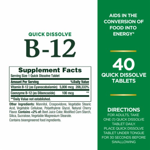 Nature's Bounty Vitamin B12 Energy Support Tablets, 5000 mcg Perspective: back