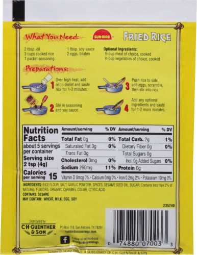 Sun-Bird® Fried Rice Seasoning Mix Perspective: back