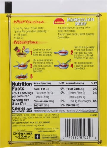 Sun-Bird Mongolian Beef Seasoning Mix Perspective: back