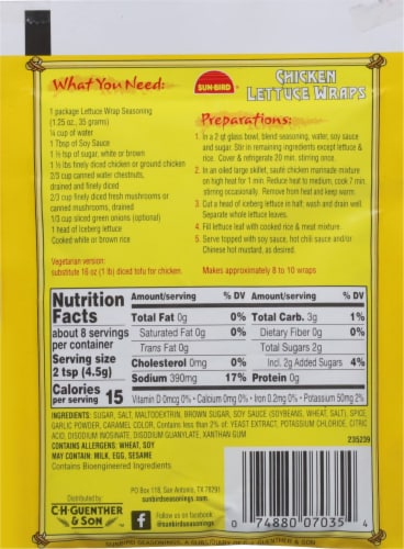 Sunbird® Chicken Lettuce Wrap Seasoning Mix Perspective: back