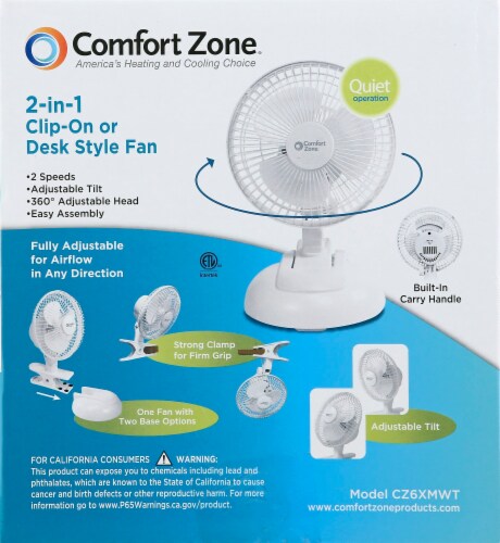 Comfort Zone 2-Way Clip and Desk Fan - White Perspective: back