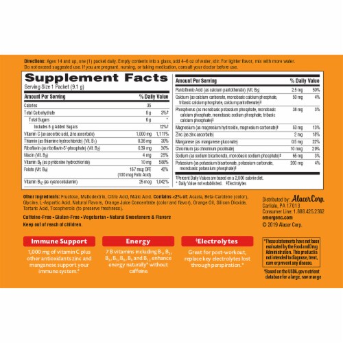 Emergen-C Vitamin C Immune Support Super Orange Flavored Fizzy Drink Mix Packets 1000mg Perspective: back