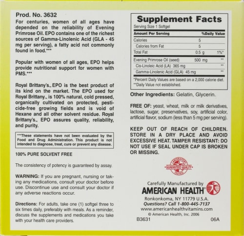 American Health Royal Brittany Evening Primrose Oil Softgels 500 mg Perspective: back