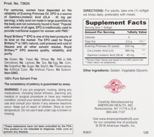 American Health Royal Brittany Evening Primrose Oil Softgels 500mg Perspective: back