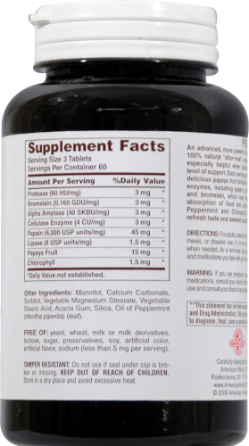 American Health Super Papaya Enzyme Plus Chewable Tablets Perspective: back
