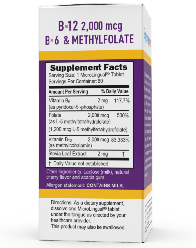Superior Source No Shot B-12 with B-6 & Methylfolate Dissolving Tablets 2000mg Perspective: back