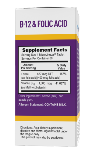 Superior Source No Shot B12 with Folic Acid Dissolving Tablets 1000mcg Perspective: back