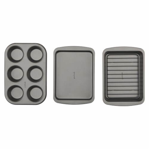 GoodCook 4-Piece Nonstick Steel Toaster Oven Set Sheet Pan, Rack, Cake Pan, and Muffin Pan Perspective: back