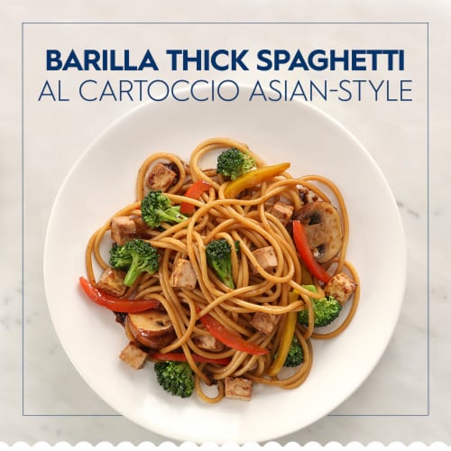 Barilla Thick Spaghetti Pasta, Quality Non-GMO and Kosher Certified Pasta Perspective: back