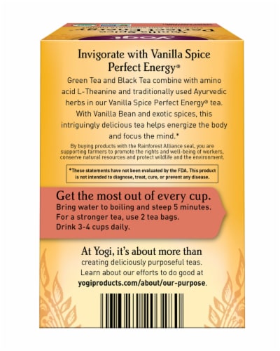 Yogi Vanilla Spice Perfect Energy Organic Black Tea Bags Perspective: back