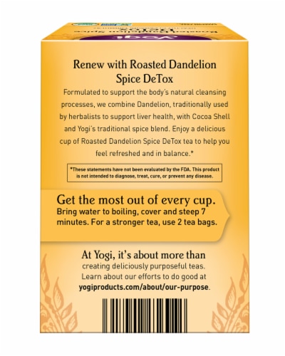 Yogi Organic Roasted Dandelion Spice Caffeine Free Detox Tea Bags Perspective: back