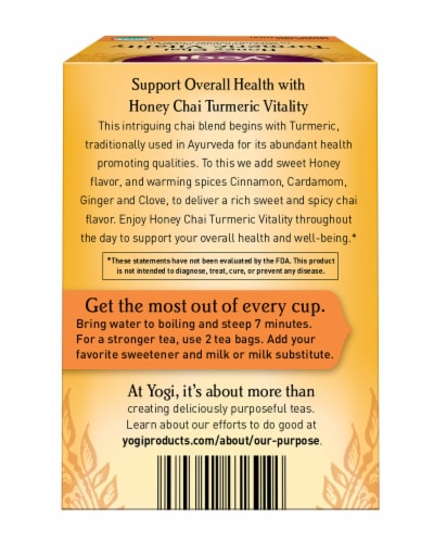 Yogi Organic Caffine Free Honey Chai Tumeric Vitality Tea Bags Perspective: back