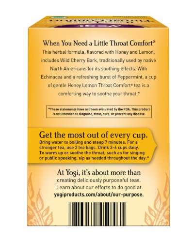 Yogi Throat Comfort Honey Lemon Caffeine Free Tea Bags Perspective: back