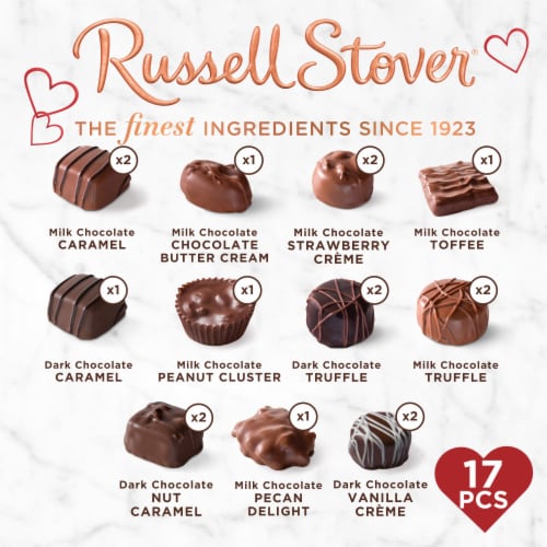 Russell Stover Assorted Milk & Dark Chocolates Red Foil Heart Valentine Candy Gift Box Perspective: back